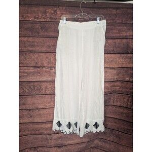 Calypso St Barth White Linen Wide Leg Pants Size ML Scallop Trim Shells Art Deco